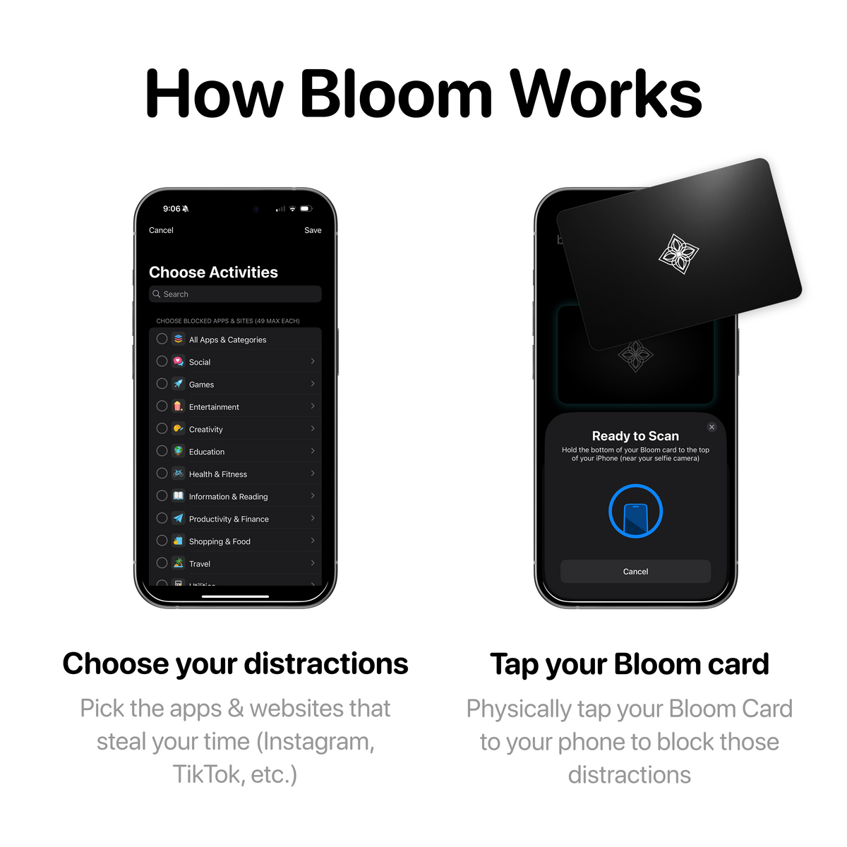 Bloom Card - App Blocker & Screen Time Tool - As Seen On ABC's Shark Tank - Metal Keycard for iPhone & Android